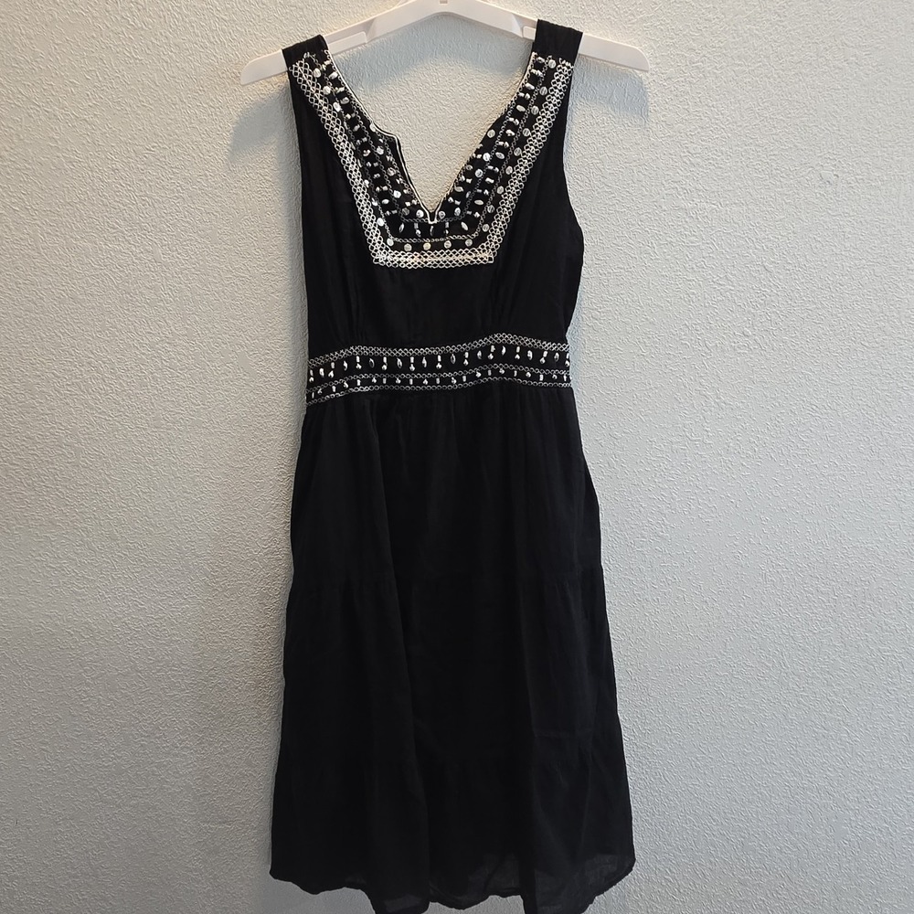 Cassee's‎ Black Cotton Embroidered Beaded Sleeveless Dress Boho Festival Size M